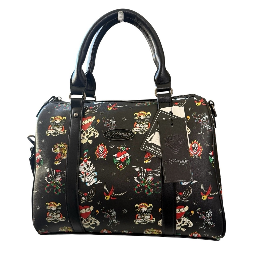 Ed Hardy Tattoo Print Black Duffle Bag Skull Tiger Eagle Travel Weekender Y2K